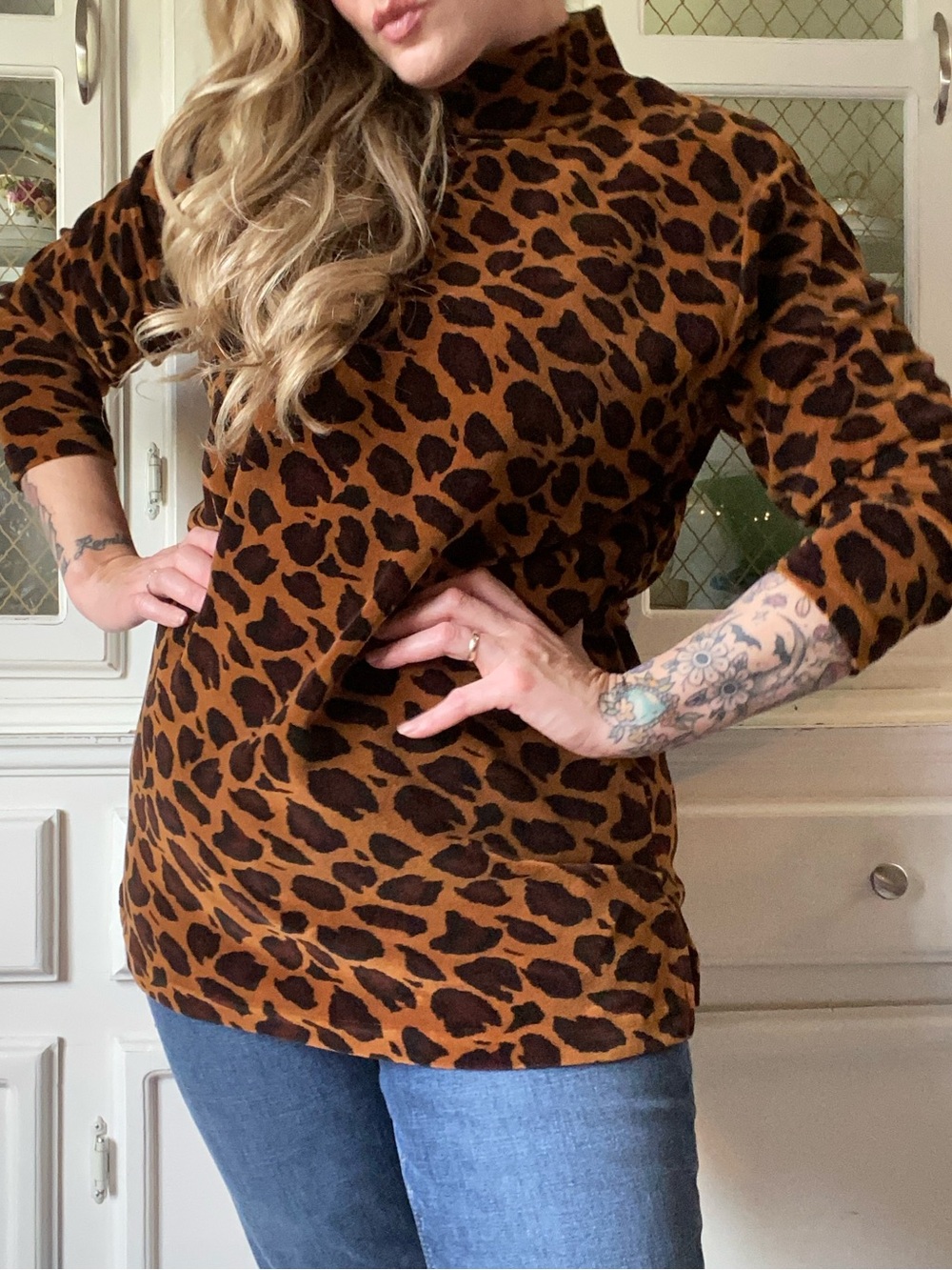 🐆VTG 90s Velvet Leopard Print Mock Neck Tunic Mini Dress Long Sleeves Bombshell